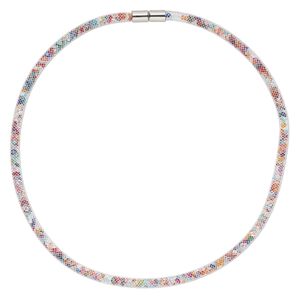 Necklace, nylon / acrylic / imitation rhodium-finished "pewter" (zinc-based alloy), white and rainbow, 4mm wide mesh, 18 inches with magnetic clasp. Sold individually.