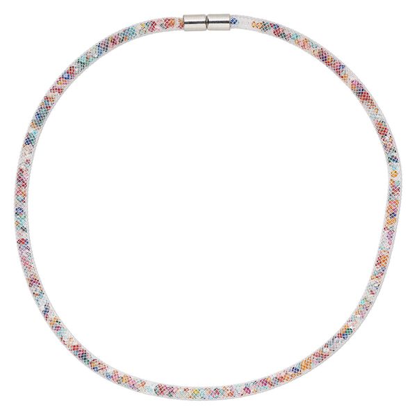 Necklace, nylon / acrylic / imitation rhodium-finished "pewter" (zinc-based alloy), white and rainbow, 4mm wide mesh, 18 inches with magnetic clasp. Sold individually. image number 0