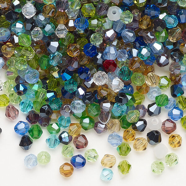 Bead mix, glass, pkg/1 ounce, opaque to transparent mixed colors, 3-5mm faceted bicone. image number 0