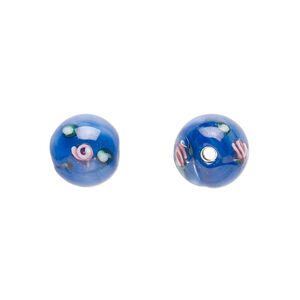 Bead, Czech lampworked glass, opaque blue / pink / green, 8-9mm round with flower design. Sold per pkg of 6.
