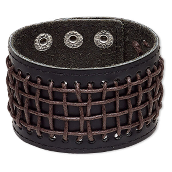 Bracelet, leather (dyed) / waxed cotton cord / imitation rhodium-plated steel, black and brown, 46mm wide, adjustable from 6 to 7-1/2 inches with double snap closure. Sold individually. image number 0