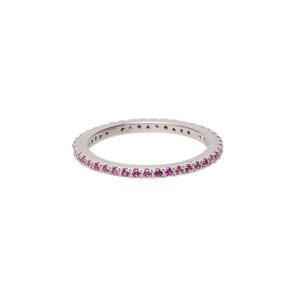 Ring, cubic zirconia and rhodium-plated sterling silver, pink, 2mm wide eternity band, size 7. Sold individually.