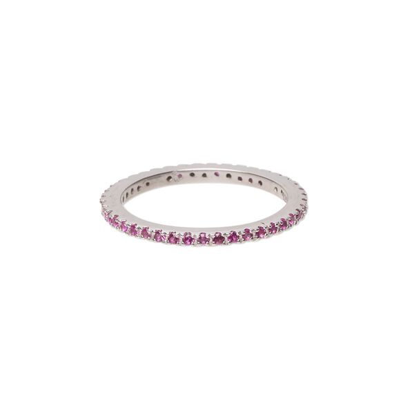 Ring, cubic zirconia and rhodium-plated sterling silver, pink, 2mm wide eternity band, size 7. Sold individually. image number 0