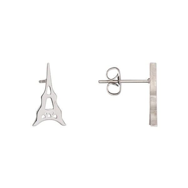 Earstud, stainless steel, silver, 15x8mm Eiffel tower. Sold per pair. image number 0