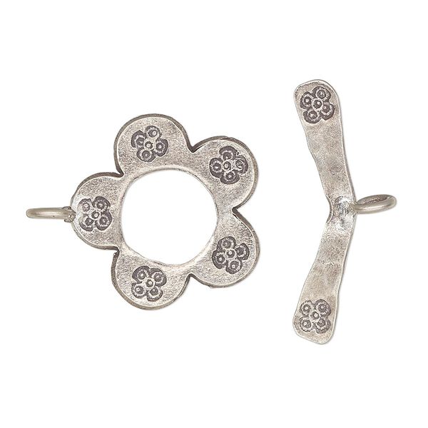Clasp toggle 1pkg1 sterling silver, 18mm flower, antiqued 1-strand image number 0