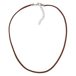 Necklace cord, faux suede with silver-plated steel and "pewter" (zinc-based alloy), brown, 2.5-3mm wide, 16 inches with 3-inch extender chain and lobster claw clasp. Sold per pkg of 10.