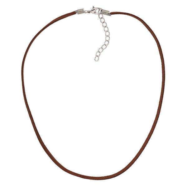 Necklace cord, faux suede with silver-plated steel and "pewter" (zinc-based alloy), brown, 2.5-3mm wide, 16 inches with 3-inch extender chain and lobster claw clasp. Sold per pkg of 10. image number 0