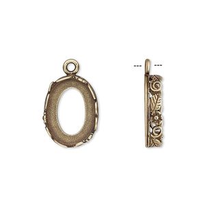 Drop, JBB Findings, antiqued brass, 16x12mm oval with open back and flower and leaf design trim, 14x10mm oval bezel setting. Sold per pkg of 2.