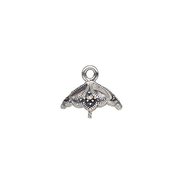 Cup, marcasite (natural) and antiqued sterling silver, 13x12.5mm fancy square with teardrop cutouts and 0.8mm twisted peg, fits 12-14mm bead. Sold individually. image number 0