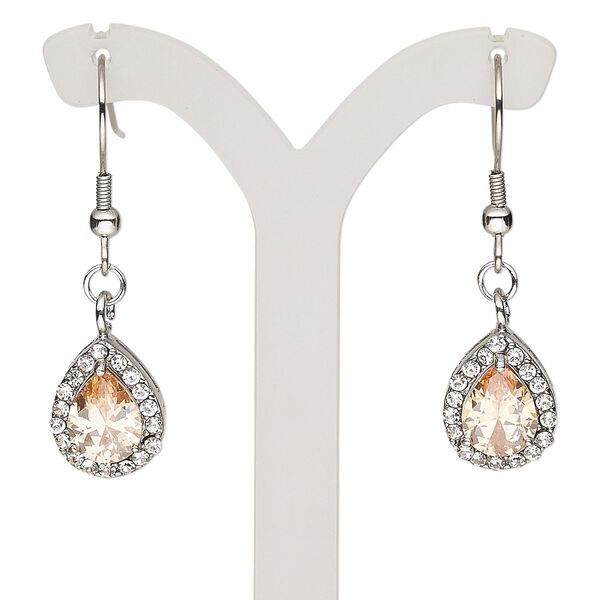 Earring, glass rhinestone and stainless steel, clear and peach, 35mm with teardrop and fishhook ear wire. Sold per pair. image number 0