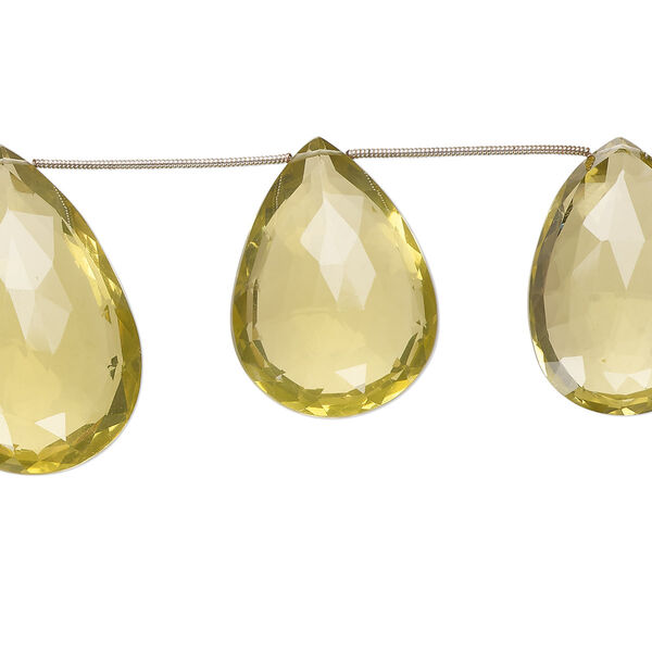 Bead, lemon quartz (heated), 32x22mm-42x33mm hand-cut top-drilled faceted puffed teardrop, B+ grade, Mohs hardness 7. Sold per pkg of 7. image number 0