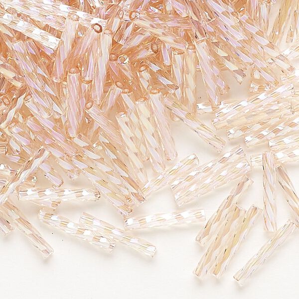 Bugle bead, Dyna-Mites™, glass, transparent rainbow pink, 12mm twisted. Sold per 50-gram pkg. image number 0