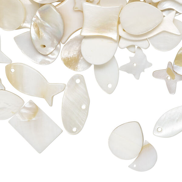 Bead mix, mother-of-pearl shell (natural), 10x7mm-22x15mm top- and double-drilled mixed shapes with 0.6mm hole, Mohs hardness 3-1/2. Sold per 1/4 pkg, approximately 215 beads. image number 0