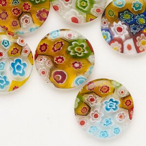 Bead 1pkg1 millefiori glass, translucent and transparent mixed colors, 15-18mm puffed flat round, 2 ounce.