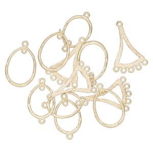 Link and drop, gold-finished "pewter" (zinc-based alloy), 23x17mm-24x18mm matte textured open teardrop with 2 loops / 26x19mm-26x20mm matte textured open teardrop with loop / 28x20mm textured open fan with 5 loops. Sold per pkg of 12.