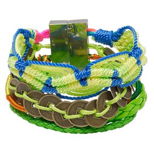 Bracelet, 5-strand, nylon / polyurethane / silver-plated / antique brass-finished "pewter" (zinc-based alloy), neon green and multicolored, 37mm wide, 6-1/2 inches with magnetic locking clasp. Sold individually.