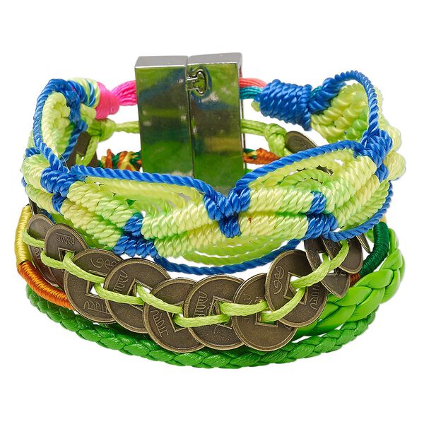 Bracelet, 5-strand, nylon / polyurethane / silver-plated / antique brass-finished "pewter" (zinc-based alloy), neon green and multicolored, 37mm wide, 6-1/2 inches with magnetic locking clasp. Sold individually. image number 0