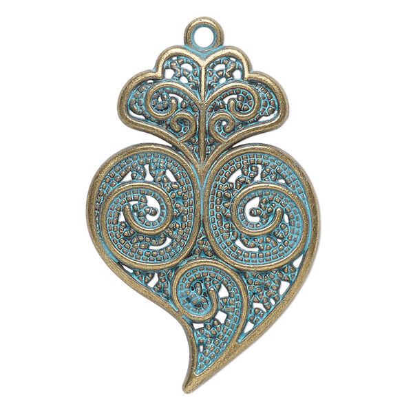 Focal, antique brass-finished "pewter" (zinc-based alloy), green patina, 37x25mm single-sided fancy heart. Sold per pkg of 4. image number 0