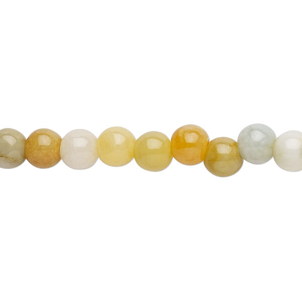 Bead, jadeite (natural / dyed), yellow, 6mm round with 0.5-1.5mm hole, C grade, Mohs hardness 6-1/2 to 7. Sold per 15-1/2" to 16" strand. image number 0