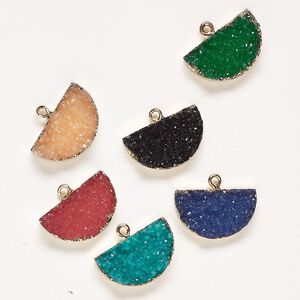 Resin / copper 1pkg6, "druzy" half-round focal mix mixed colors / gold-finished 24x14mm-25x15mm