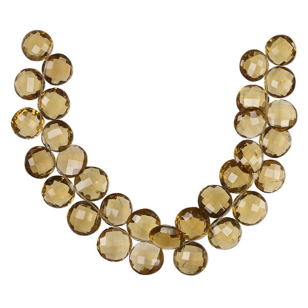 Bead, golden quartz (heated), 10-16mm graduated hand-cut top-drilled faceted puffed flat round, B+ grade, Mohs hardness 7. Sold per 8-inch strand. image number 0