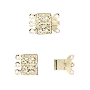 Clasp tab 1pkg10, 10x7mm filigree square, gold-finished brass 3-strand
