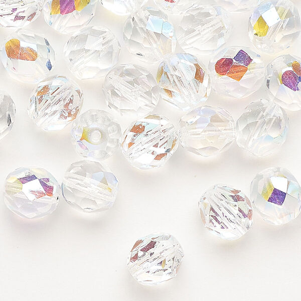 Bead, Czech fire-polished glass, pkg/50, clear AB, 8mm faceted round. image number 0
