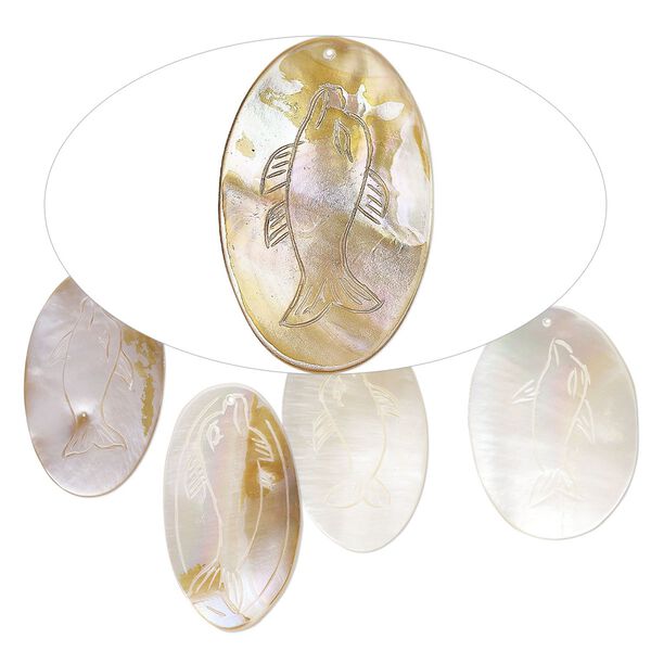 Focal, mother-of-pearl shell (natural/bleached), 49x29mm-60x40mm hand-carved oval with dolphin design, Mohs hardness 3-1/2. Sold per pkg of 5. image number 0