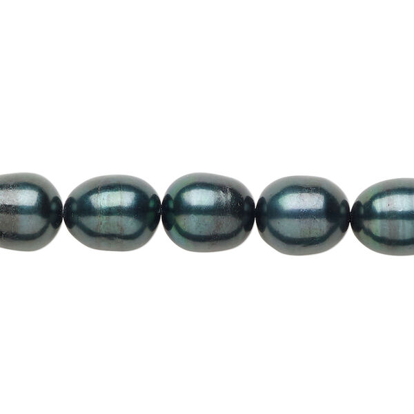 Cultured freshwater pearl, 1pkg1 7-9mm rice C- grade, dyed iris green 15 inches image number 0