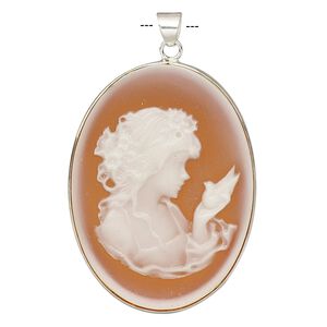 Pendant, acrylic and sterling silver, orange and white, 41x31mm oval cameo with woman and dove. Sold individually.