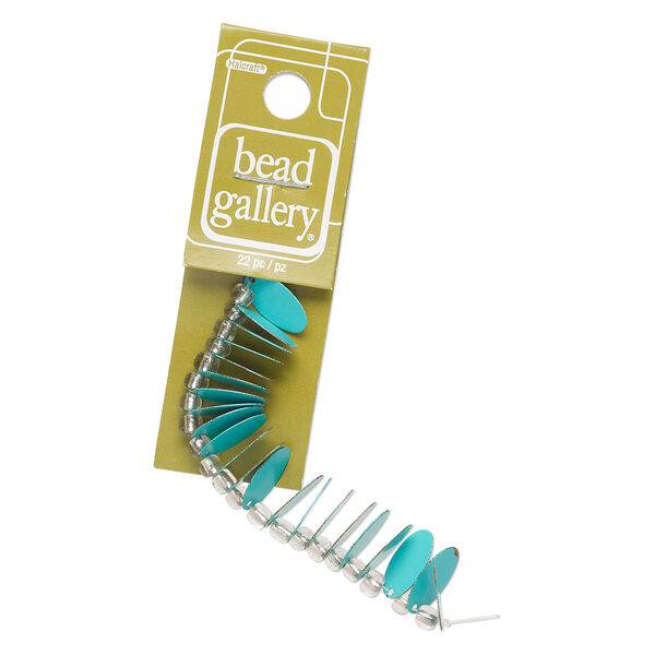 Drop, "pewter" (zinc-based alloy) and enamel, pkg/22, 13x8mm flat oval, teal. image number 0