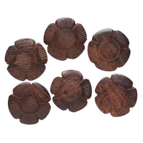 Bead, wood (natural), brown, 28x28mm carved flower. Sold per pkg of 6. image number 0