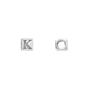 Bead, sterling silver, 5.5mm cube with alphabet letter "K." Sold individually.