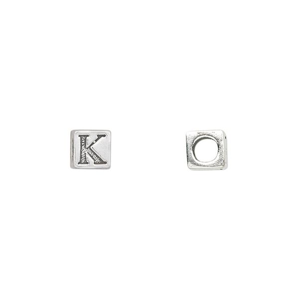 Bead, sterling silver, 5.5mm cube with alphabet letter "K." Sold individually. image number 0