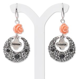 Earring, imitation rhodium-finished "pewter" (zinc-based alloy) / Czech glass rhinestones / acrylic, clear / black / pink, 32x23mm round go-go with "fashion" dangle and rose. Sold per pair.
