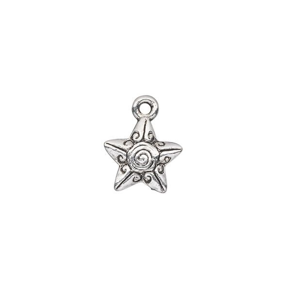 Charm, antique silver-plated "pewter" (zinc-based alloy), 12x11mm single-sided fancy star with swirl and line design. Sold per pkg of 20. image number 0