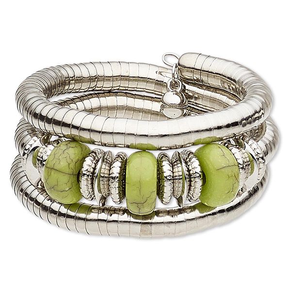 Bracelet, magnesite (dyed / stabilized) / steel memory wire / silver-coated plastic / silver-plated steel, green, 33mm wide spiral, 7-inch adjustable. Sold individually. image number 0