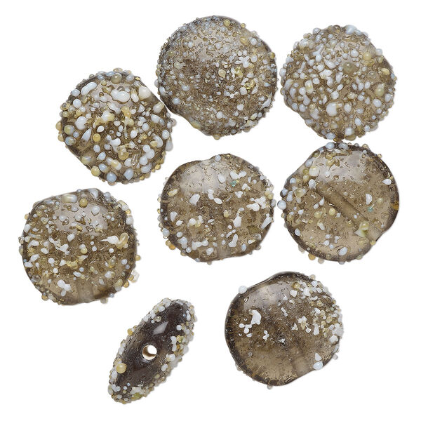 Bead, lampworked glass, translucent grey and white, 18x11mm bumpy flat round. Sold per pkg of 8. image number 0