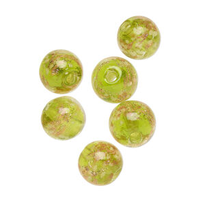 Bead, lampworked glass, clear / peridot green / glow-in-the-dark / gold, 10mm round. Sold per pkg of 6.