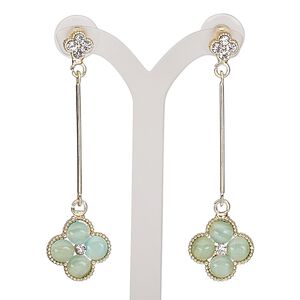 Earring, cat's eye glass / glass rhinestone / stainless steel / gold-finished "pewter" (zinc-based alloy), sea foam green and clear, 2-1/2 inches with flower and post. Sold per pair.