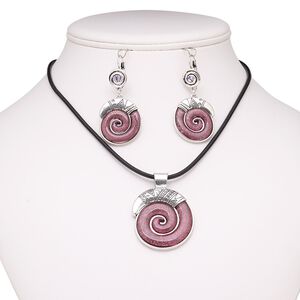 Necklace and earring set, leather (dyed) / glass rhinestone / resin / antiqued silver-finished brass / steel / "pewter" (zinc-based alloy), black / purple / lavender, 50x40mm shell, 15" to 16" necklace with 2-inch extender chain and lobster claw clasp, 55mm earrings with leverback ear wire. Sold per set.