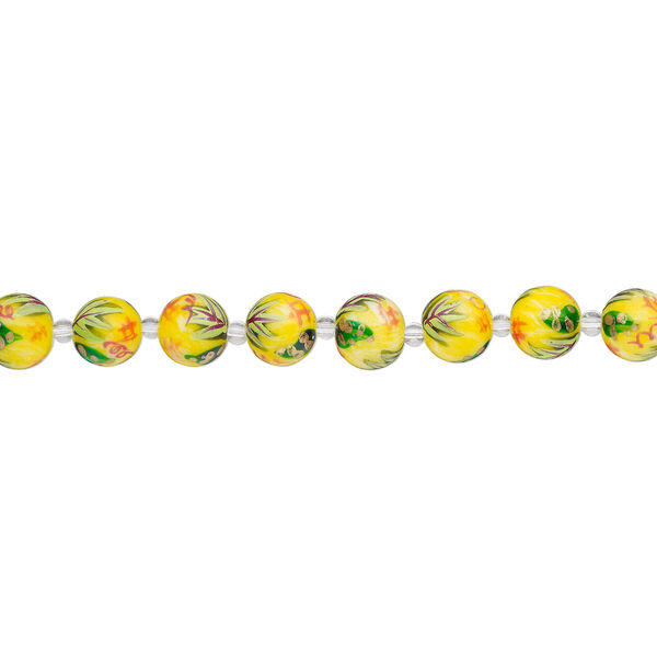 Bead, glass 1pkg8, multicolored, 14mm round with hand-painted flower. image number 1