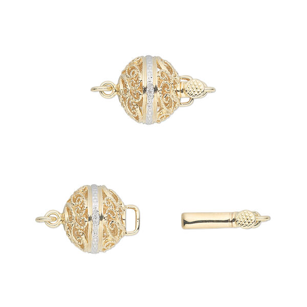 Clasp, tab with safety, diamond (natural) and 14Kt gold, 10mm filigree round with faceted round. Sold individually. image number 0