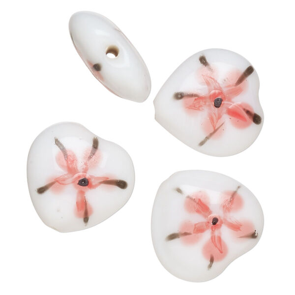 Bead, lampworked glass, opaque white / black / pink, 17-16mm puffed heart with double-sided painted flower design. Sold per pkg of 4. image number 0