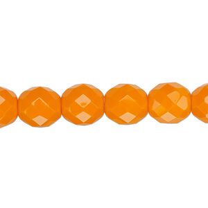 Bead, Czech fire-polished glass, opaque orange, 10mm faceted round. Sold per 15-1/2" to 16" strand, approximately 40 beads.
