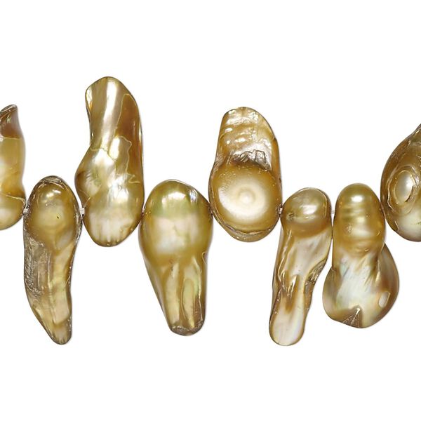 Pearl, cultured freshwater (dyed), dark gold, 10x6mm-21x8mm baroque with 0.4mm hole, D grade, Mohs hardness 2-1/2 to 4. Sold per 15-inch strand. image number 0