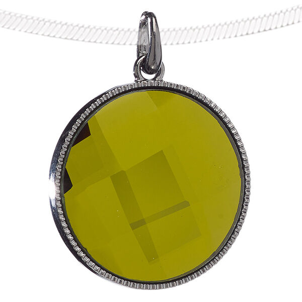 Pendant, glass and gunmetal-finished "pewter" (zinc-based alloy), olive green, 38mm flat round. Sold individually. image number 0