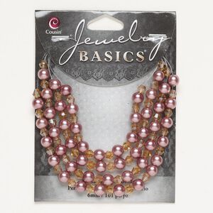 Bead assortment, glass and glass pearl, pkg/101, 4mm faceted bicone and 6mm round, antique rose peach and topaz.