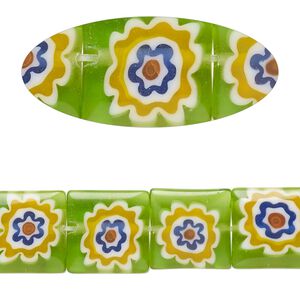 Bead, millefiori glass, translucent green and multicolored, 11mm-13x12mm puffed square with flower design. Sold per 14-inch strand.