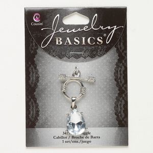 Clasp toggle 1pkg1 "pewter" (zinc alloy), 17mm round / 18.5x15.5mm teardrop, silver-finished / acrylic pale blue 1-strand